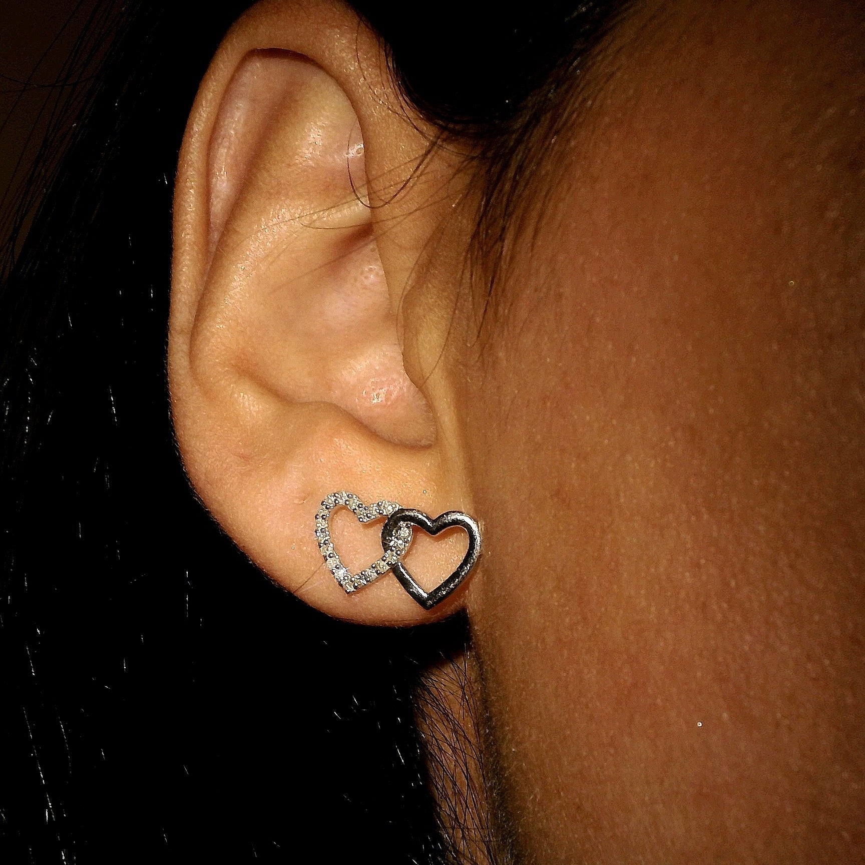 Double Heart Diamond Earrings 14K Gold