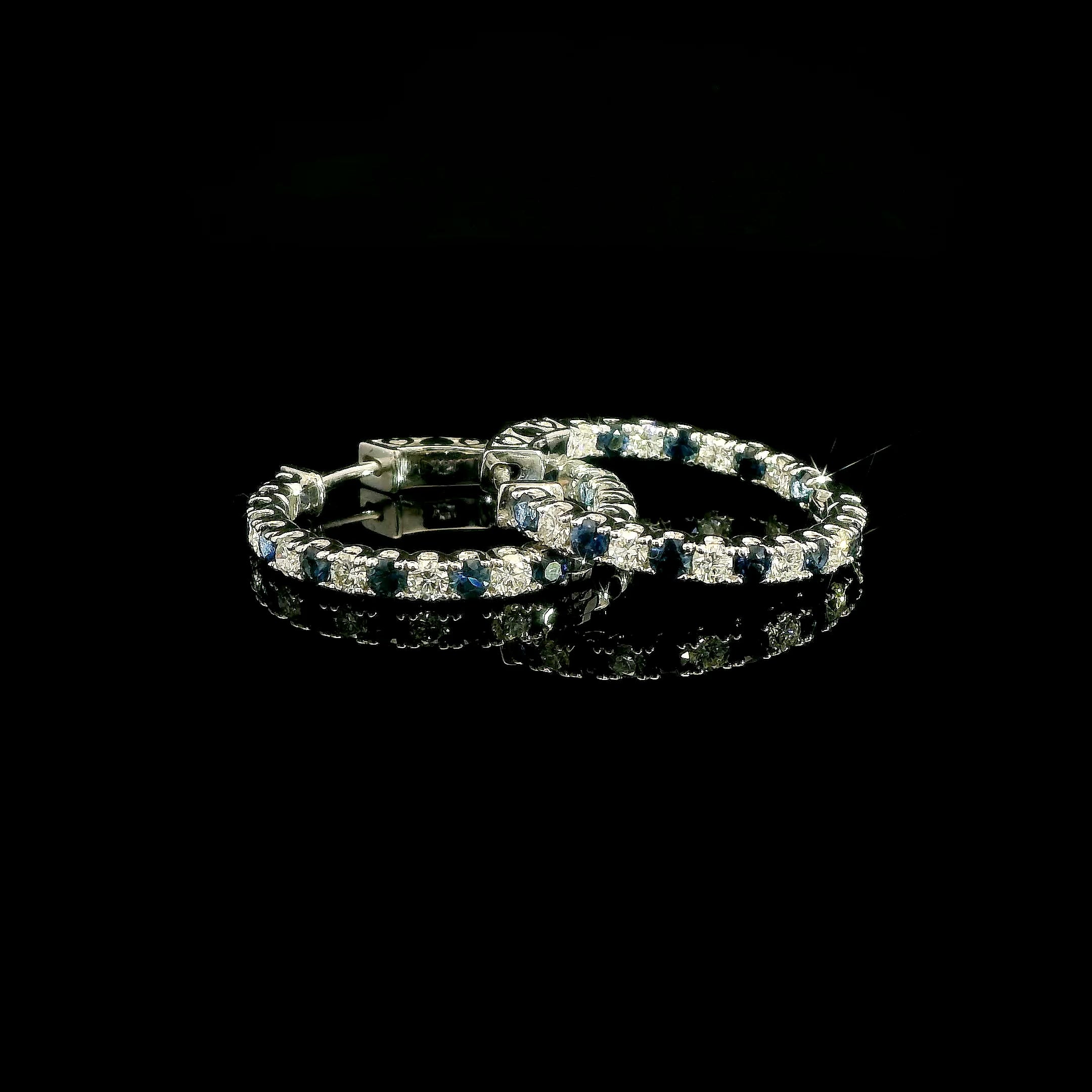 Blue Natural Sapphire and Diamond Hoop Earrings