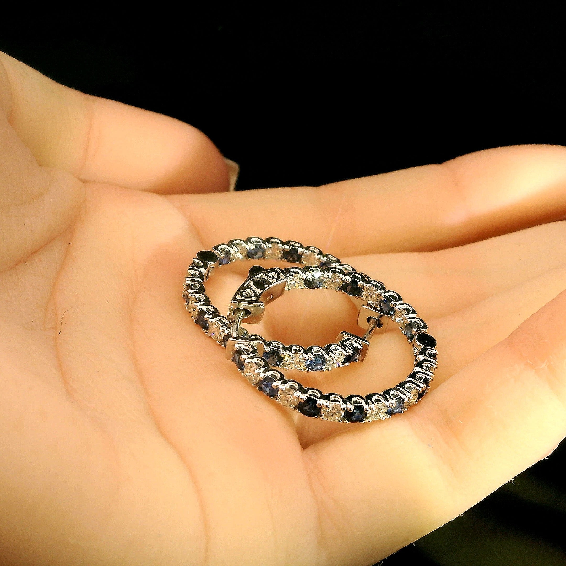 Blue Natural Sapphire and Diamond Hoop Earrings