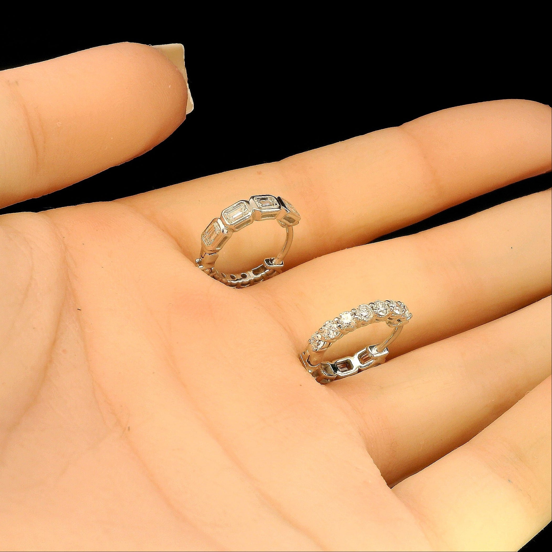 Reverse Diamond Hoop Earrings in 14K White Gold, Emerald Cut & Round Diamond Convertible Hoops