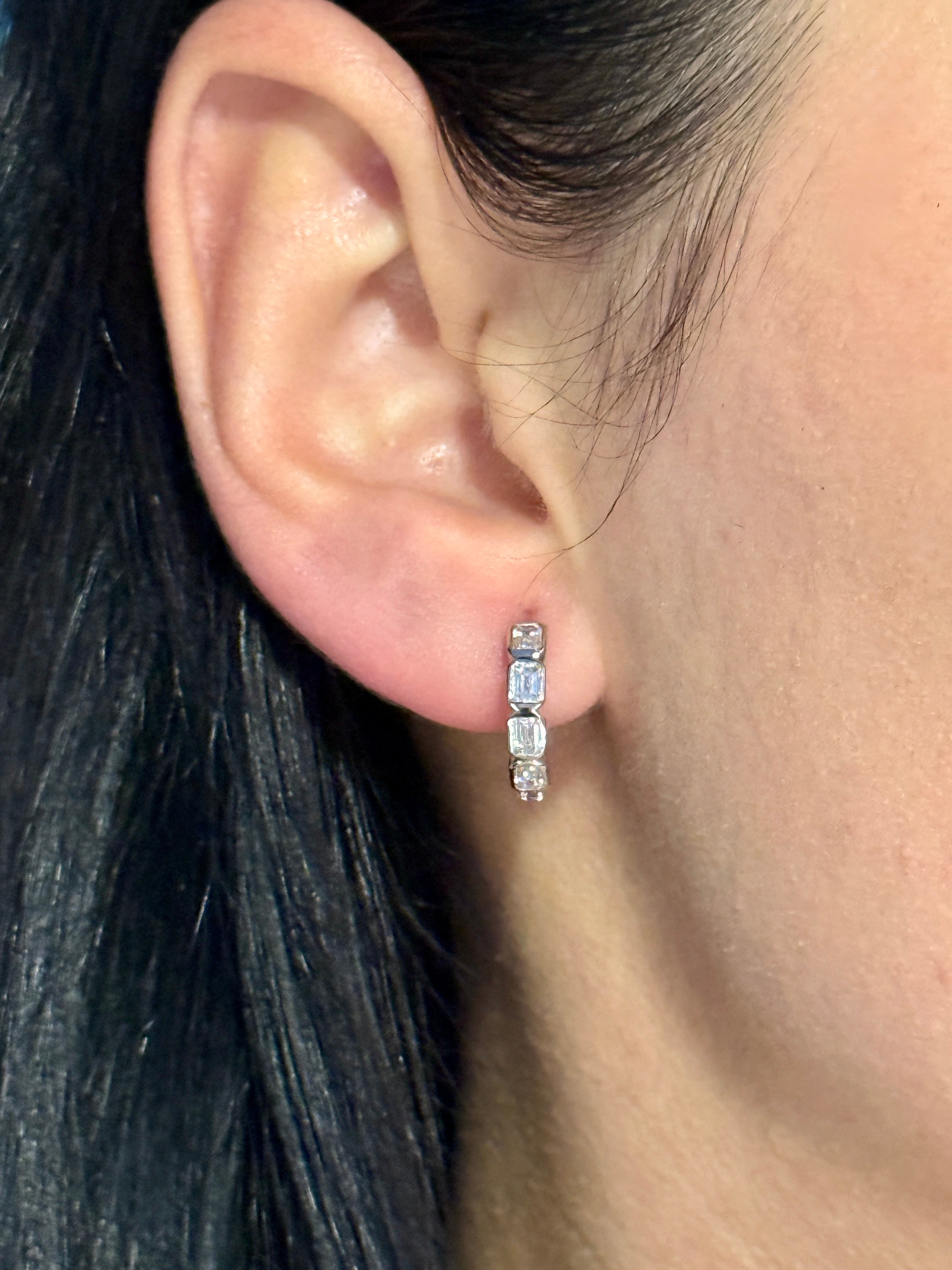 Reverse Diamond Hoop Earrings in 14K White Gold, Emerald Cut & Round Diamond Convertible Hoops