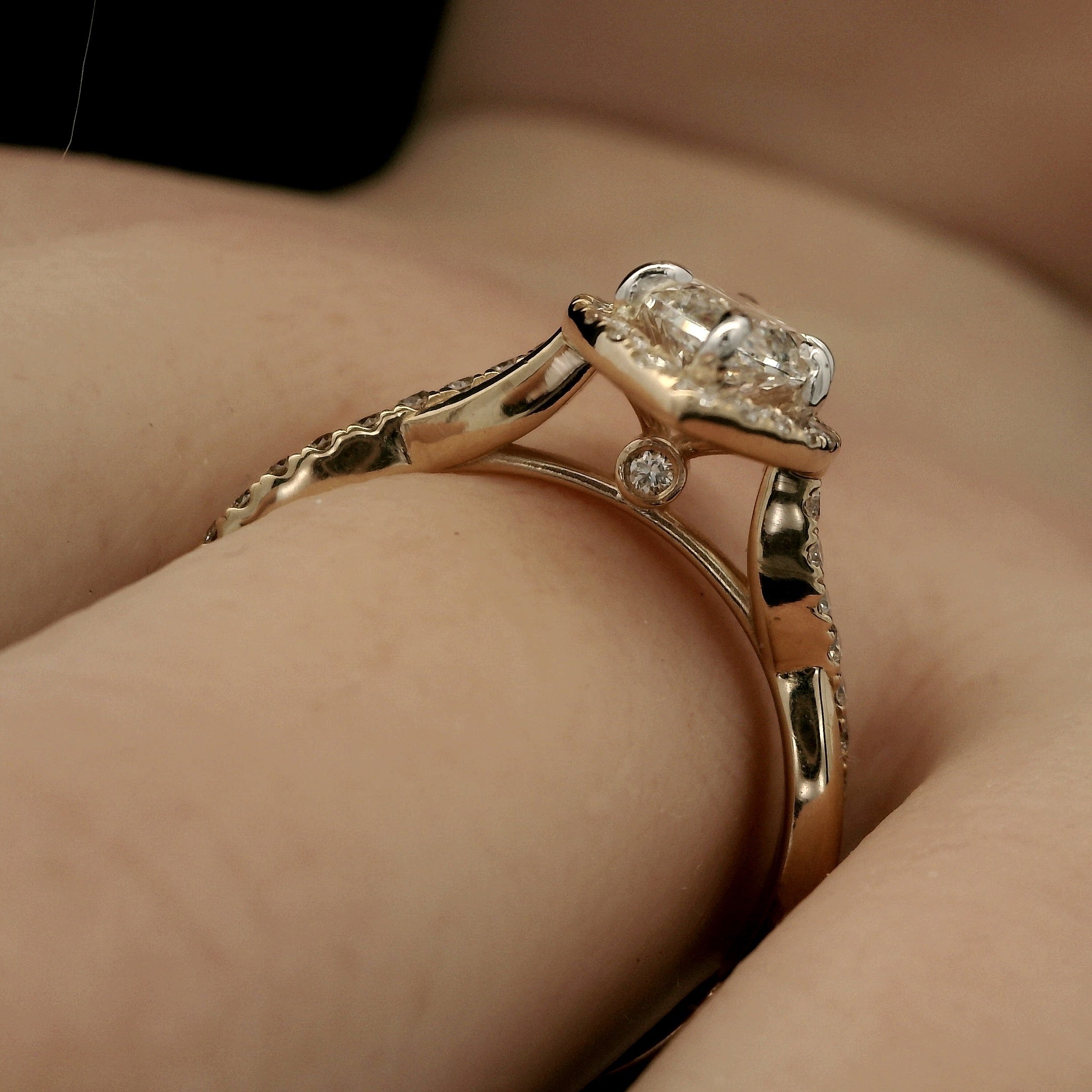 Marquise Diamond Halo Engagement Ring with Intertwining Gold Band