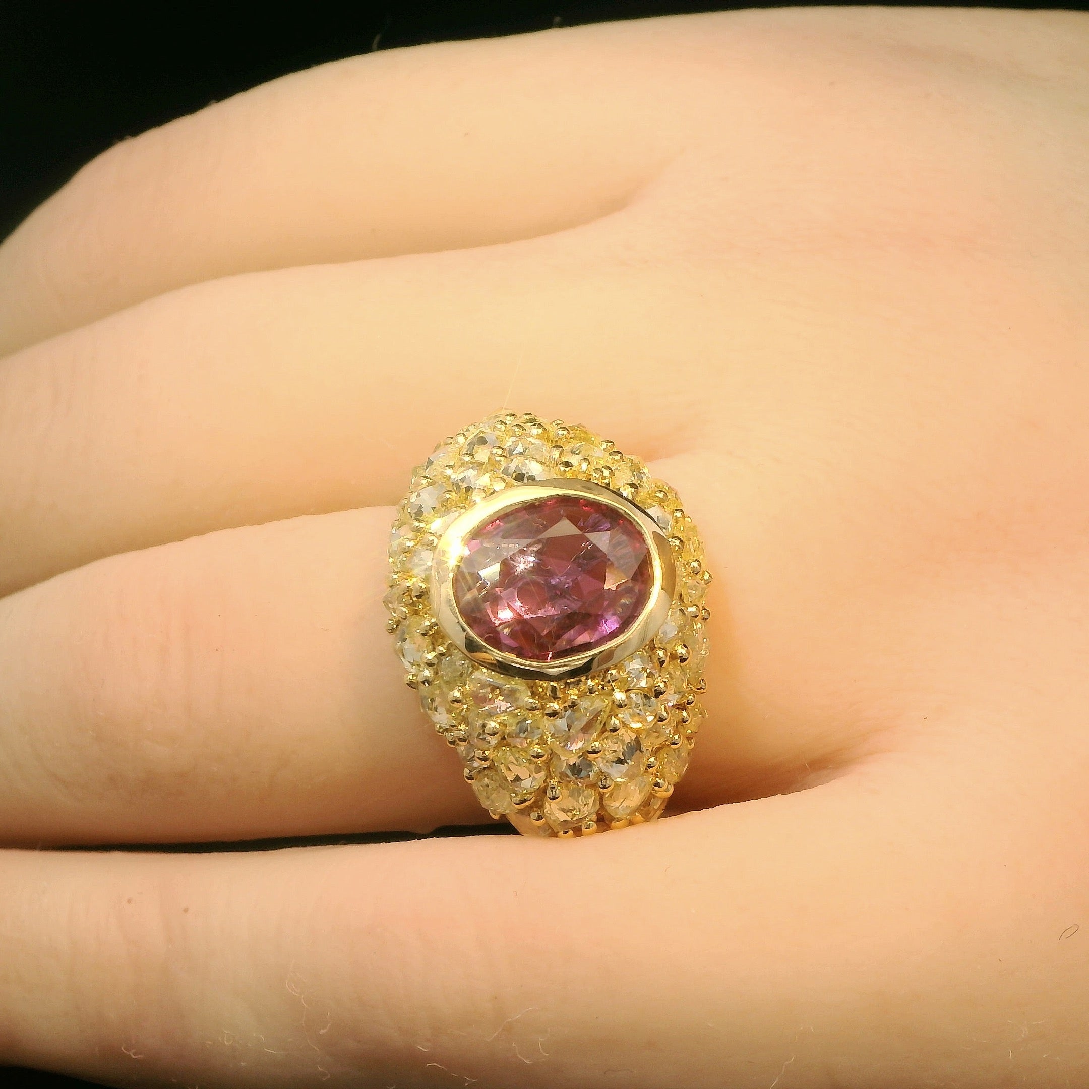 Fancy shape fancy yellow diamonds and sapphire gold ring
