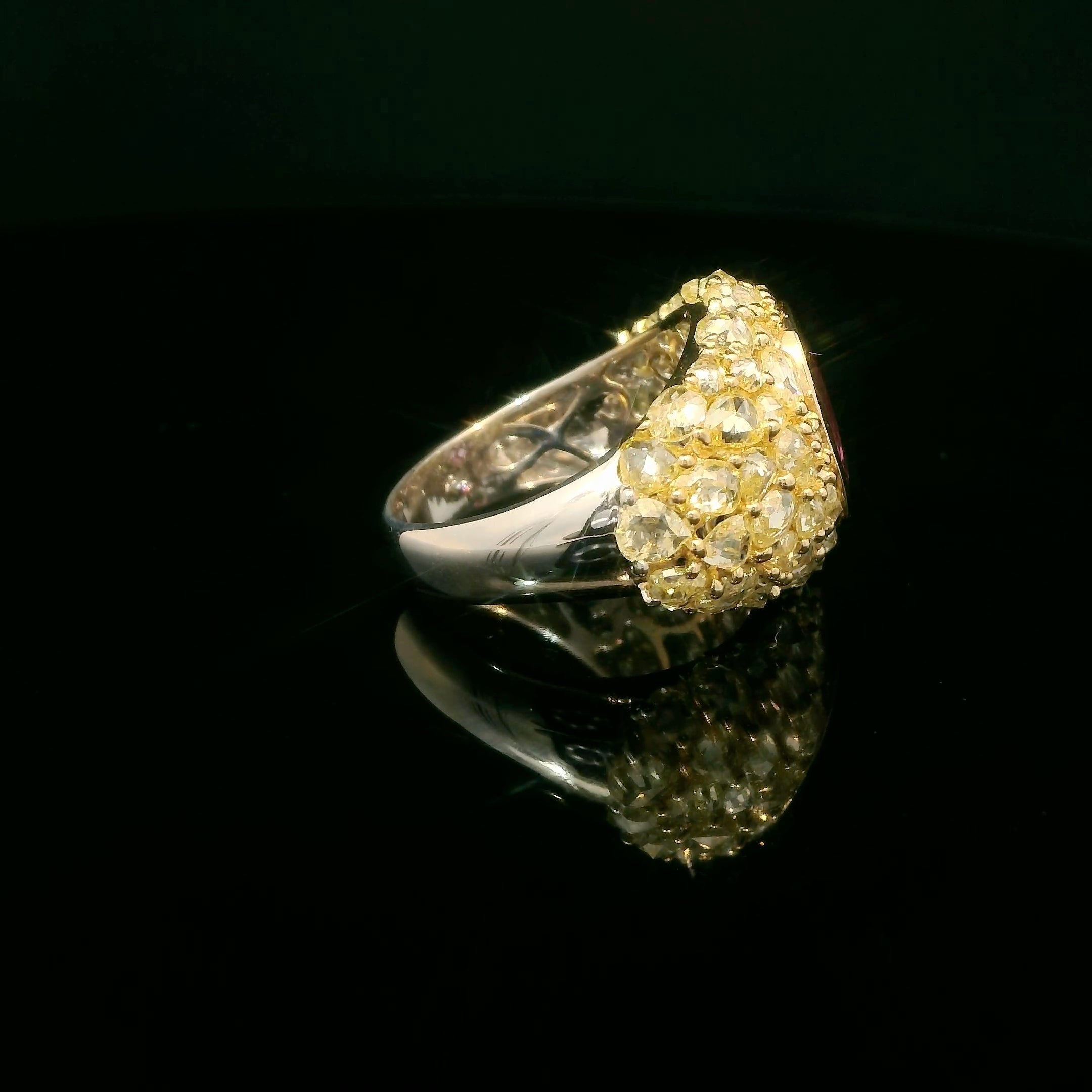 Fancy shape fancy yellow diamonds and sapphire gold ring