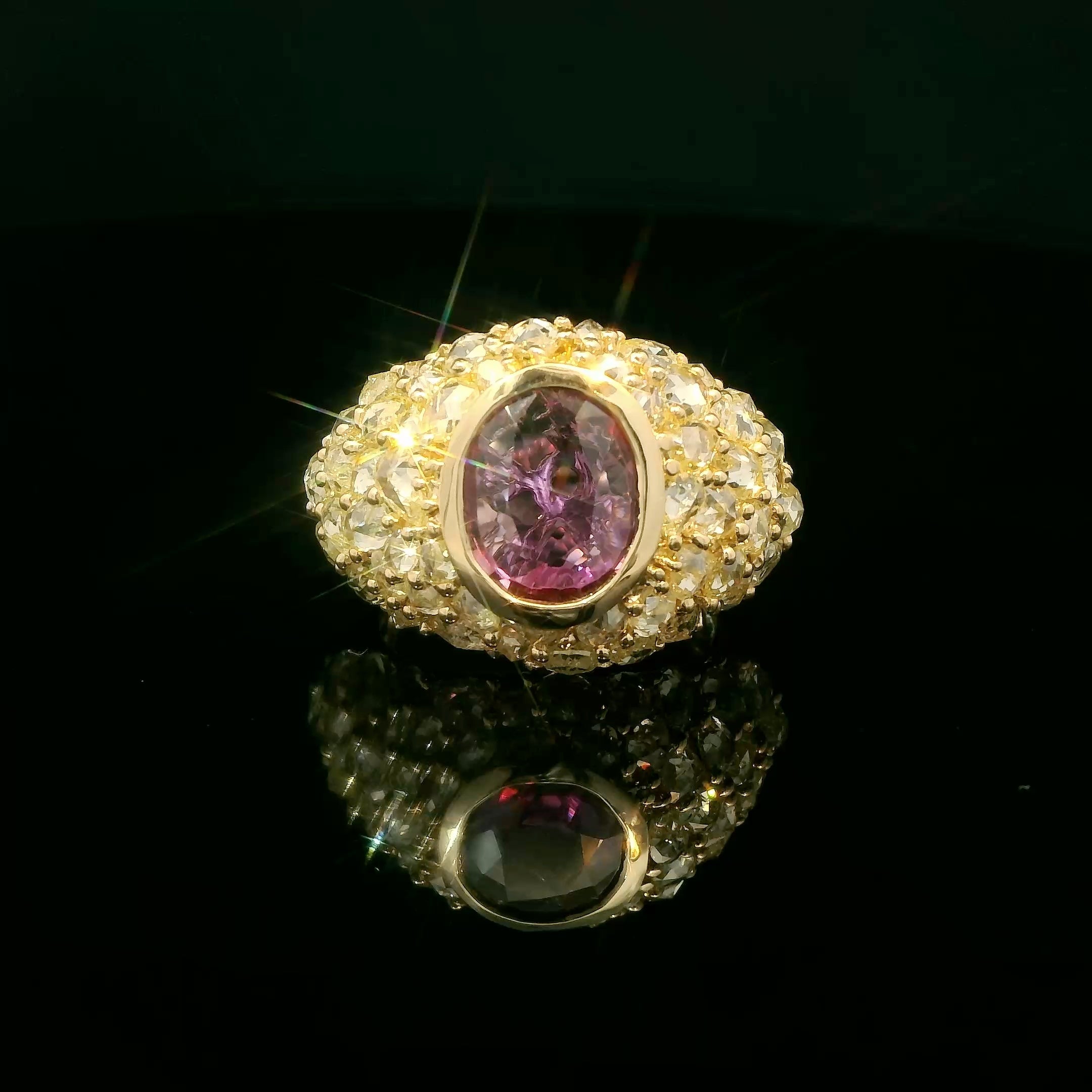 Fancy shape fancy yellow diamonds and sapphire gold ring