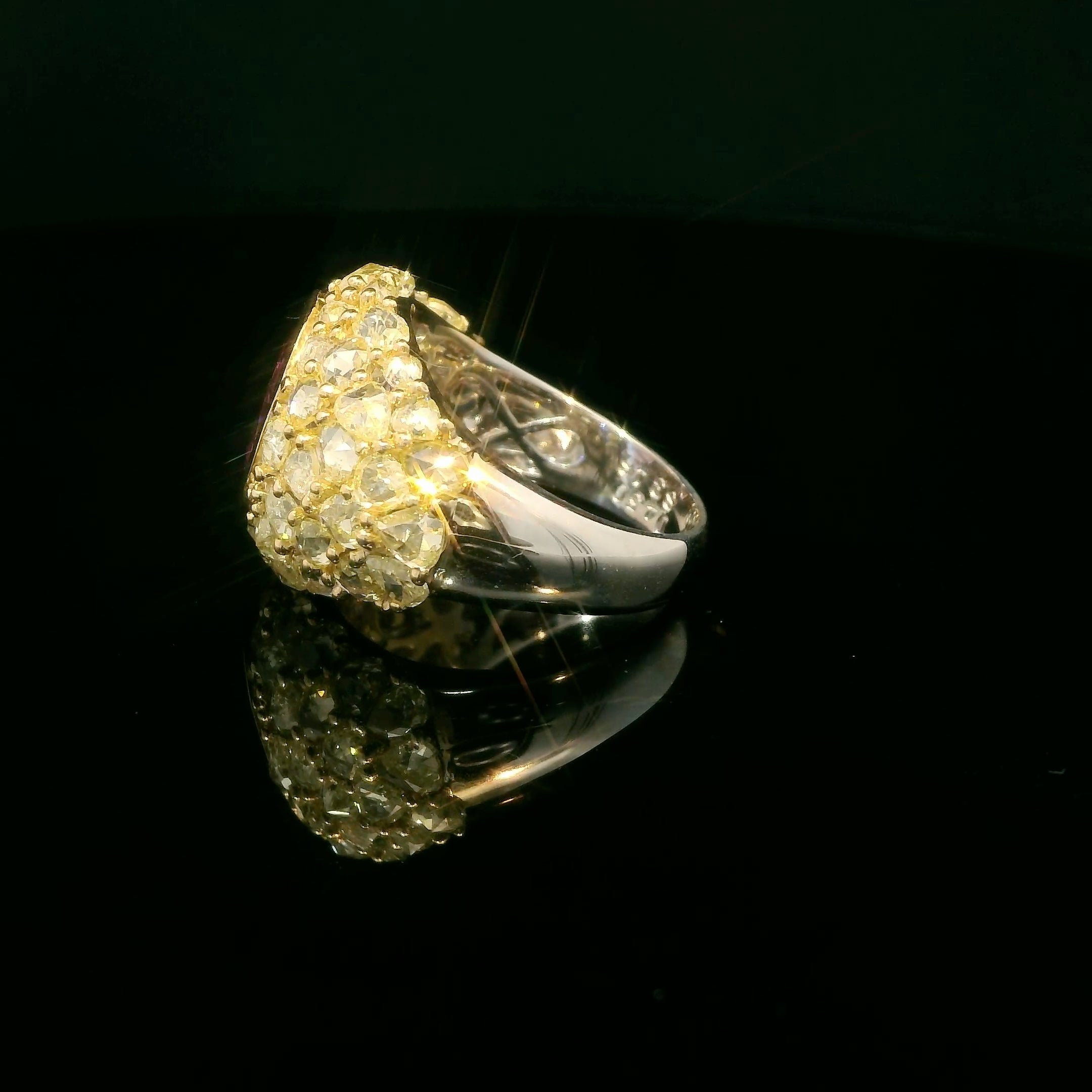 Fancy shape fancy yellow diamonds and sapphire gold ring