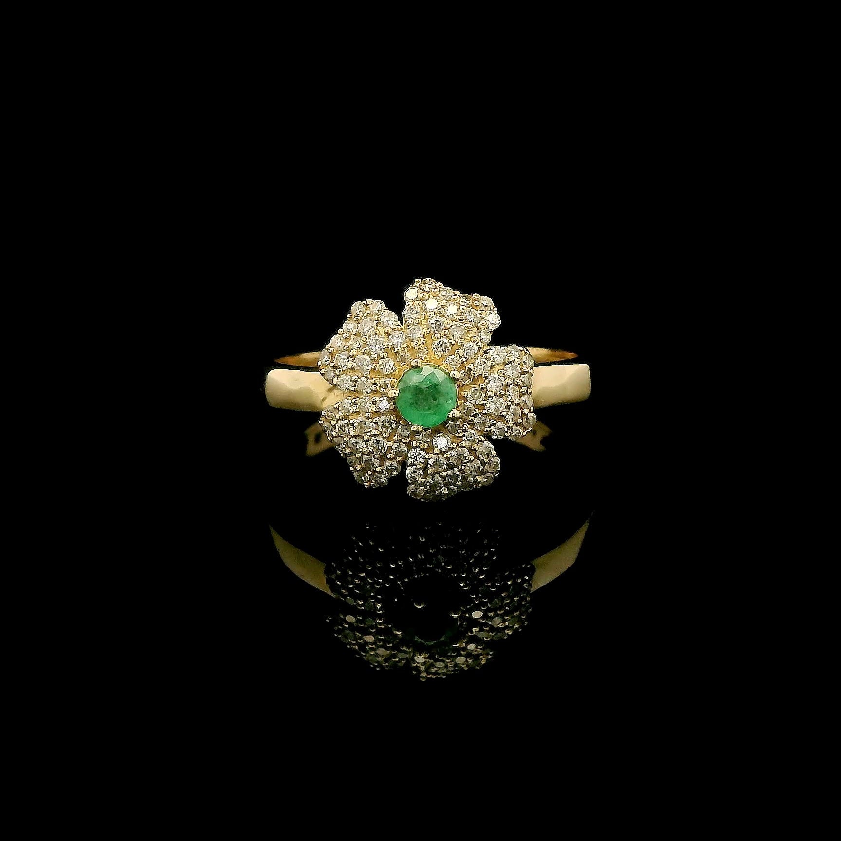 Garden of Light, Natural Diamond Flower Ring with Emerald Center