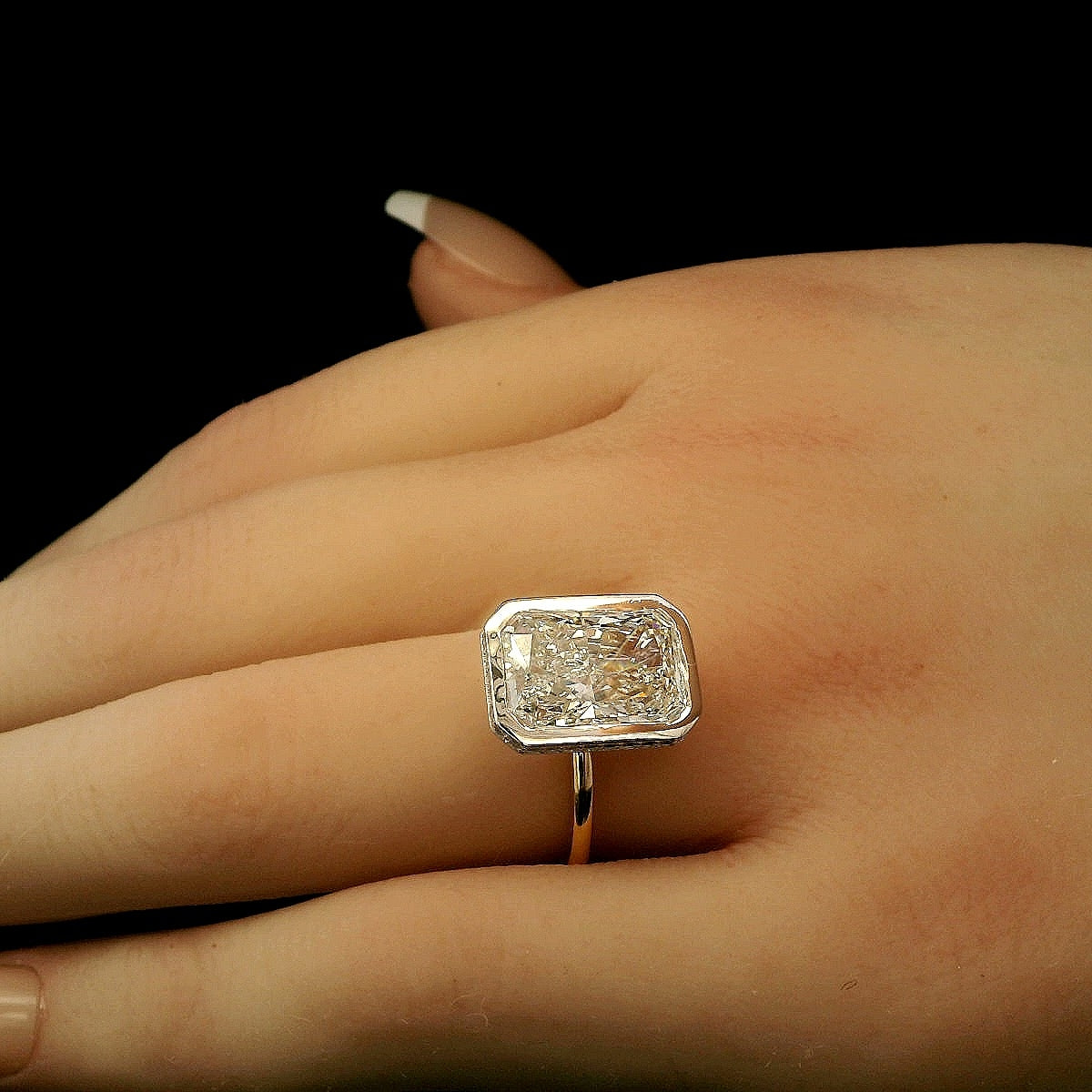 Radiant Light, 5ct Radiant Cut bezeled Engagement Ring