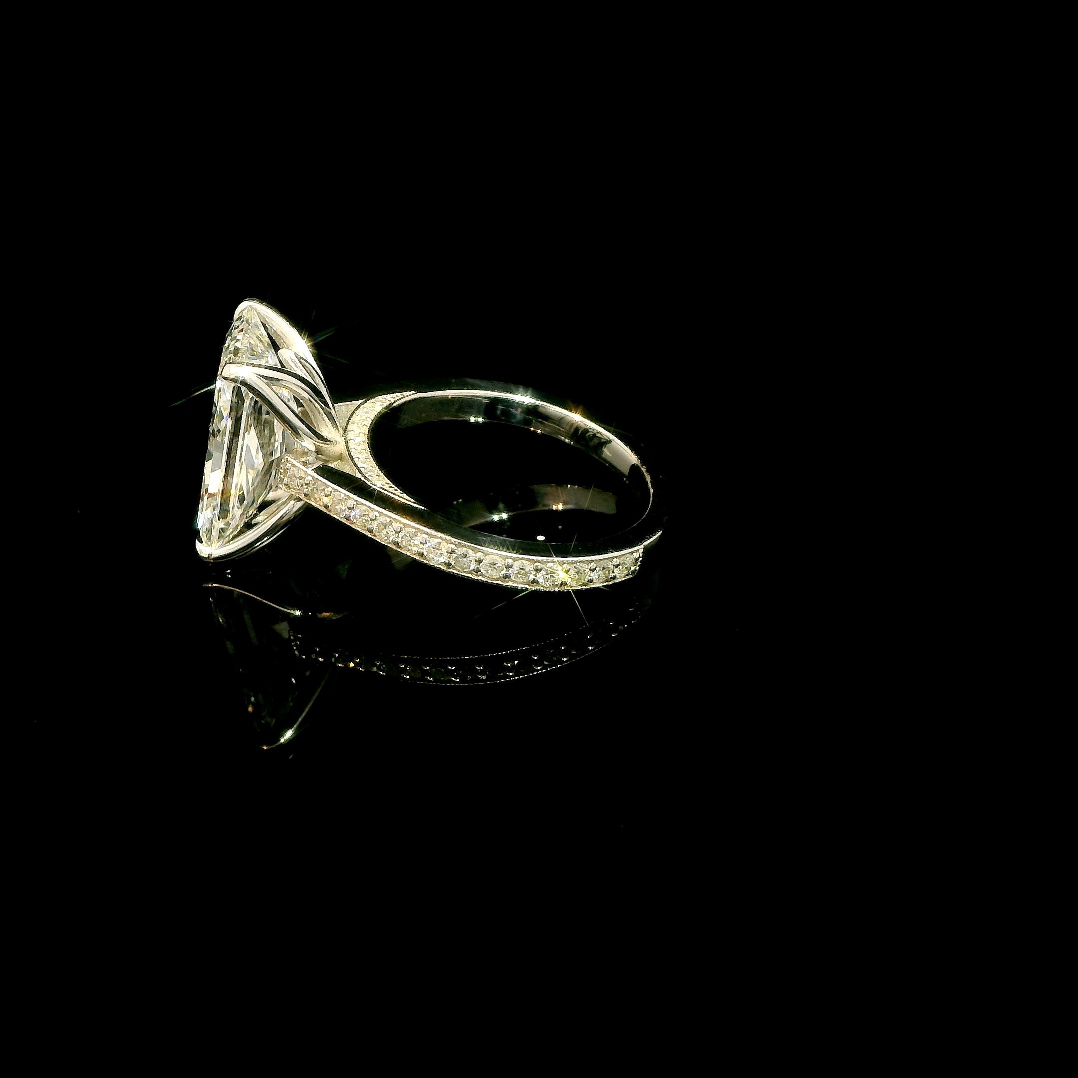 6 Carat Elongated Radiant Lab Grown Diamond Engagement Ring with tulip basket