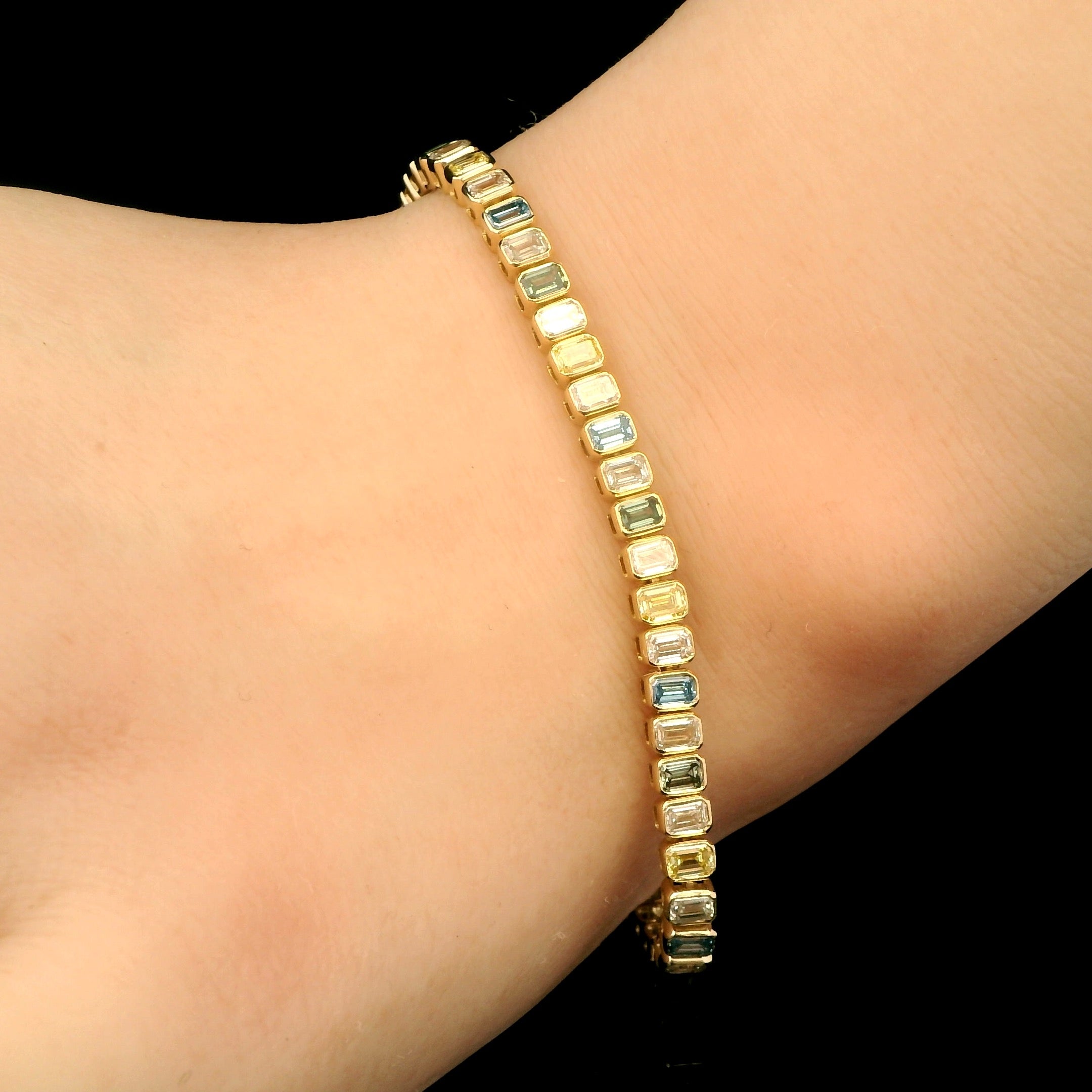 Multi color emerald cut diamond tennis bracelet