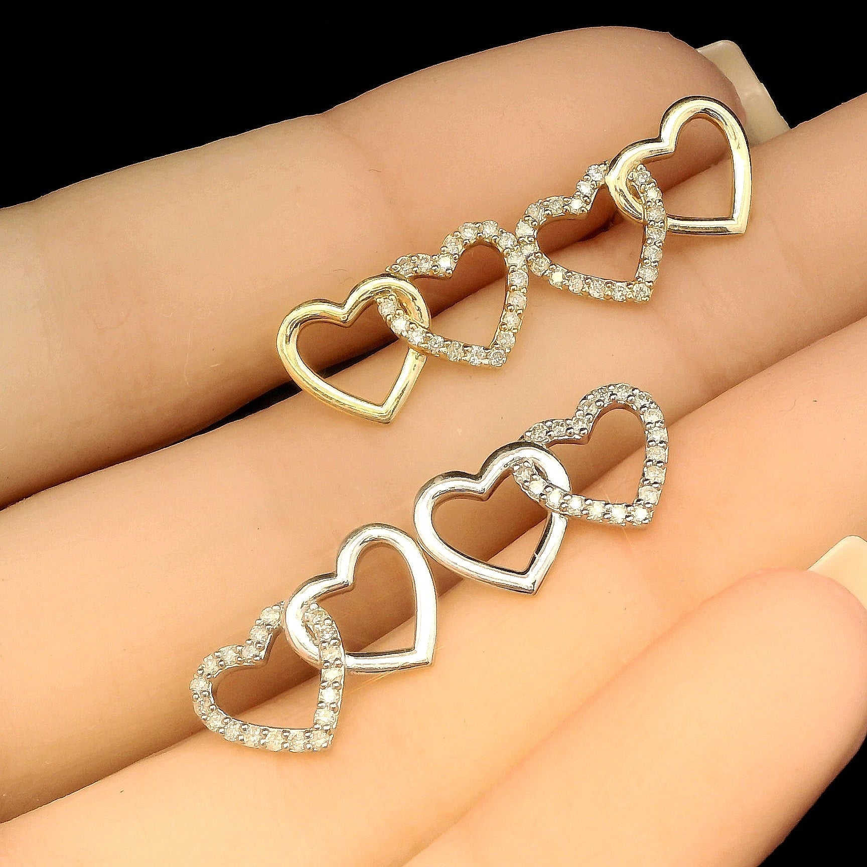 Double Heart Diamond Earrings 14K Gold