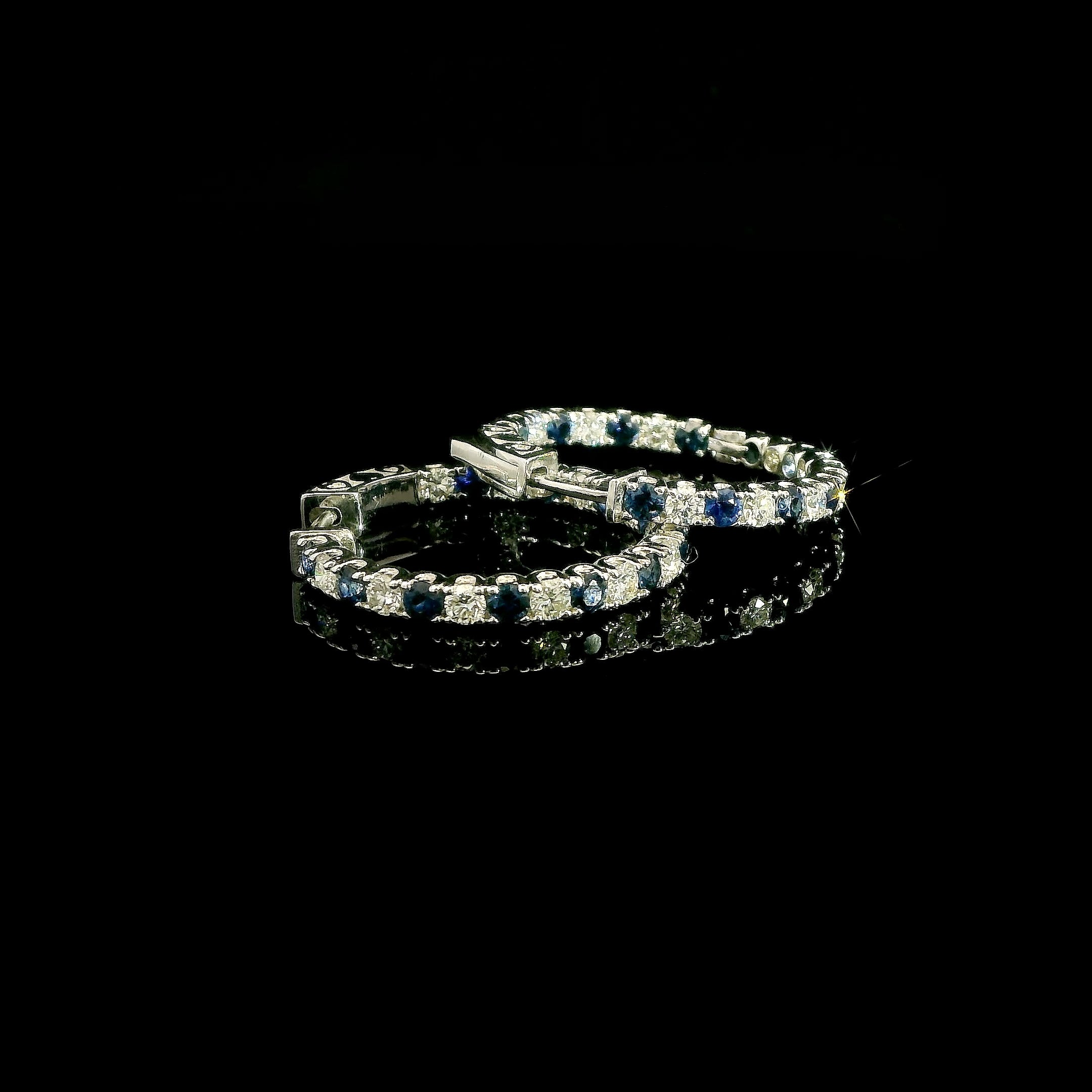 Blue Natural Sapphire and Diamond Hoop Earrings