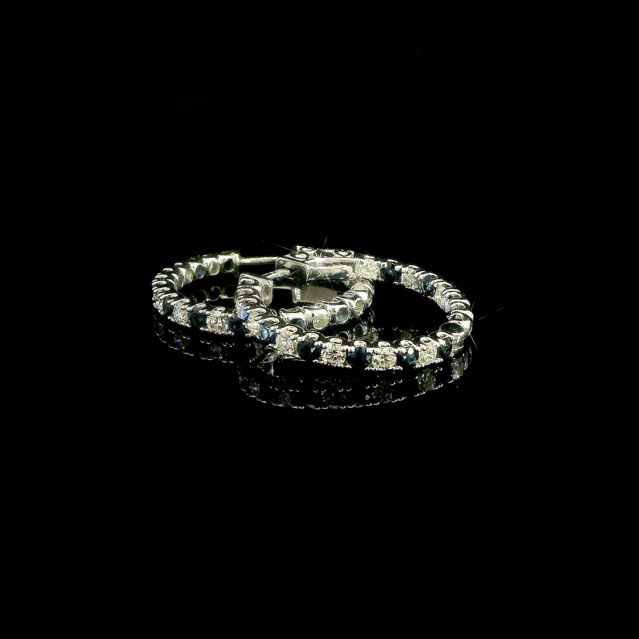 Blue Natural Sapphire and Diamond Hoop Earrings