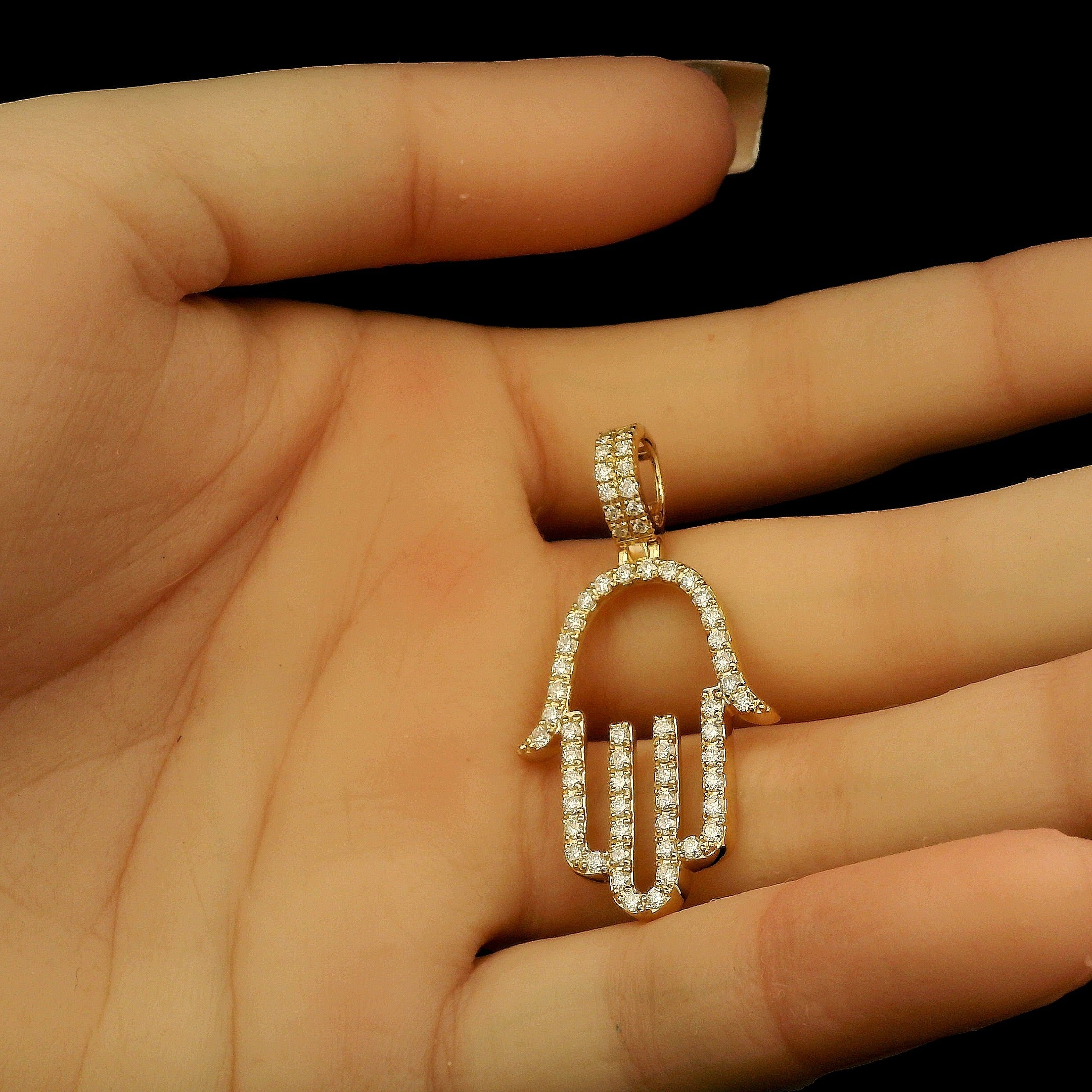 Large Diamond Hamsa Gold Pendant