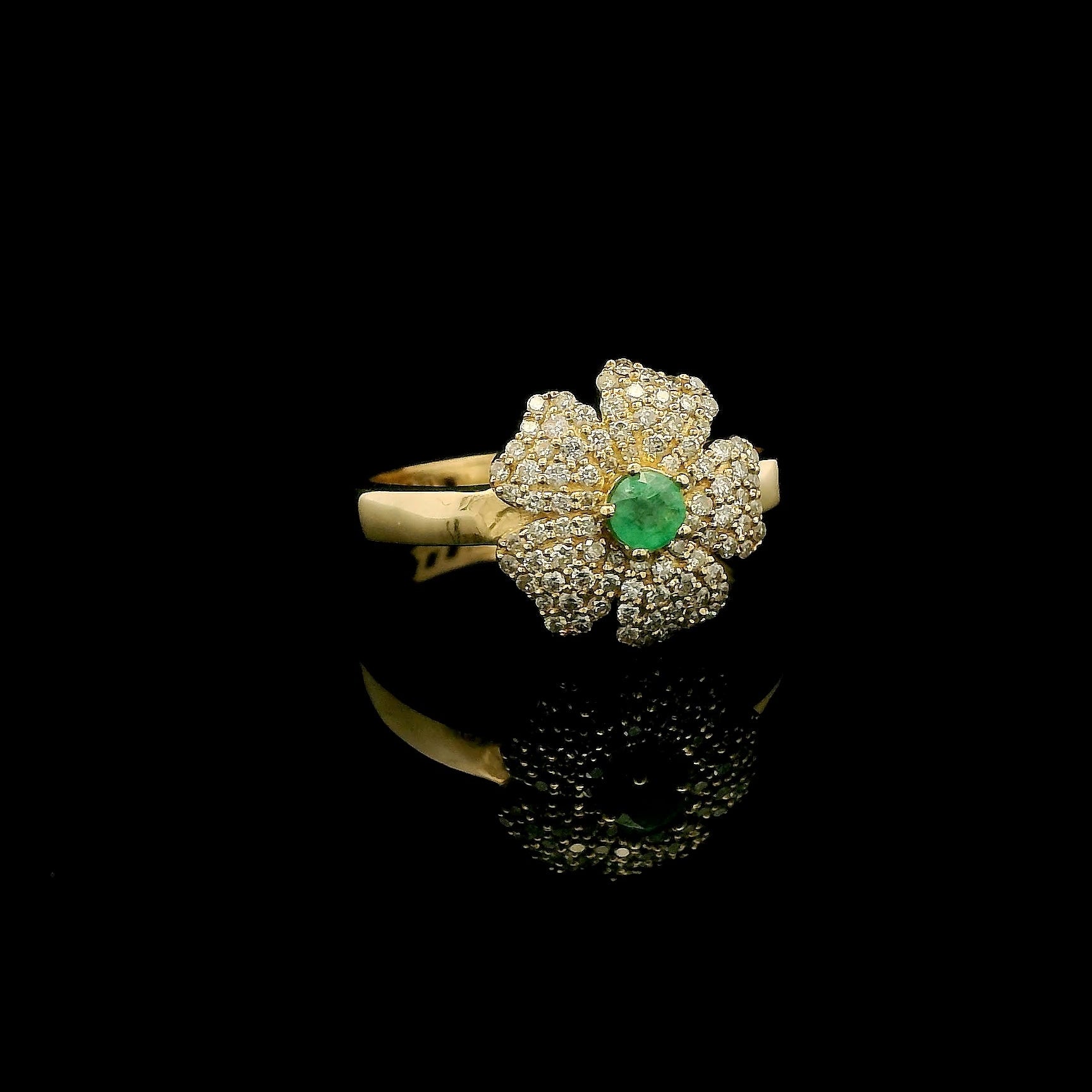 Garden of Light, Natural Diamond Flower Ring with Emerald Center