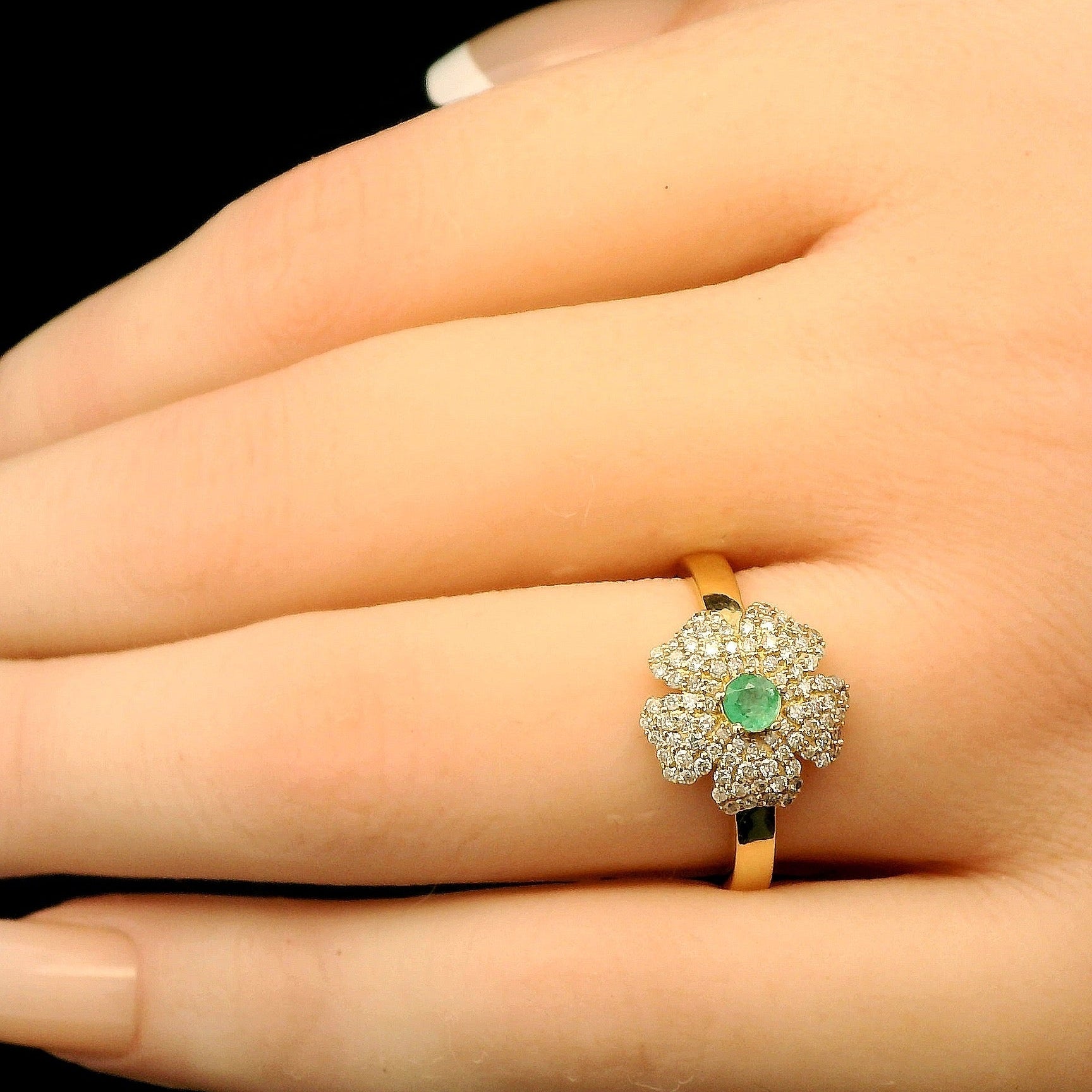 Garden of Light, Natural Diamond Flower Ring with Emerald Center