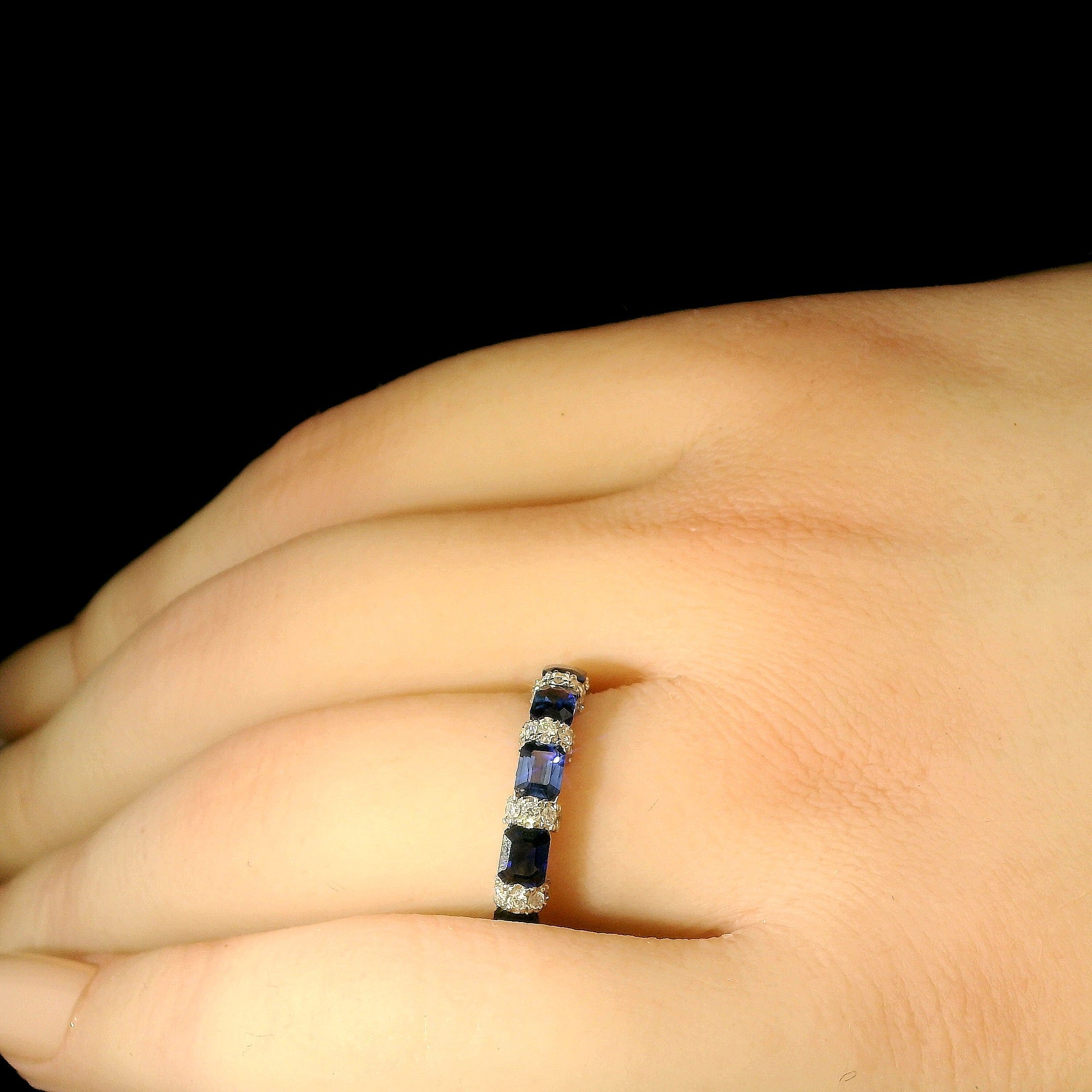 Natural Blue Sapphire and Diamond Half Eternity Band Ring