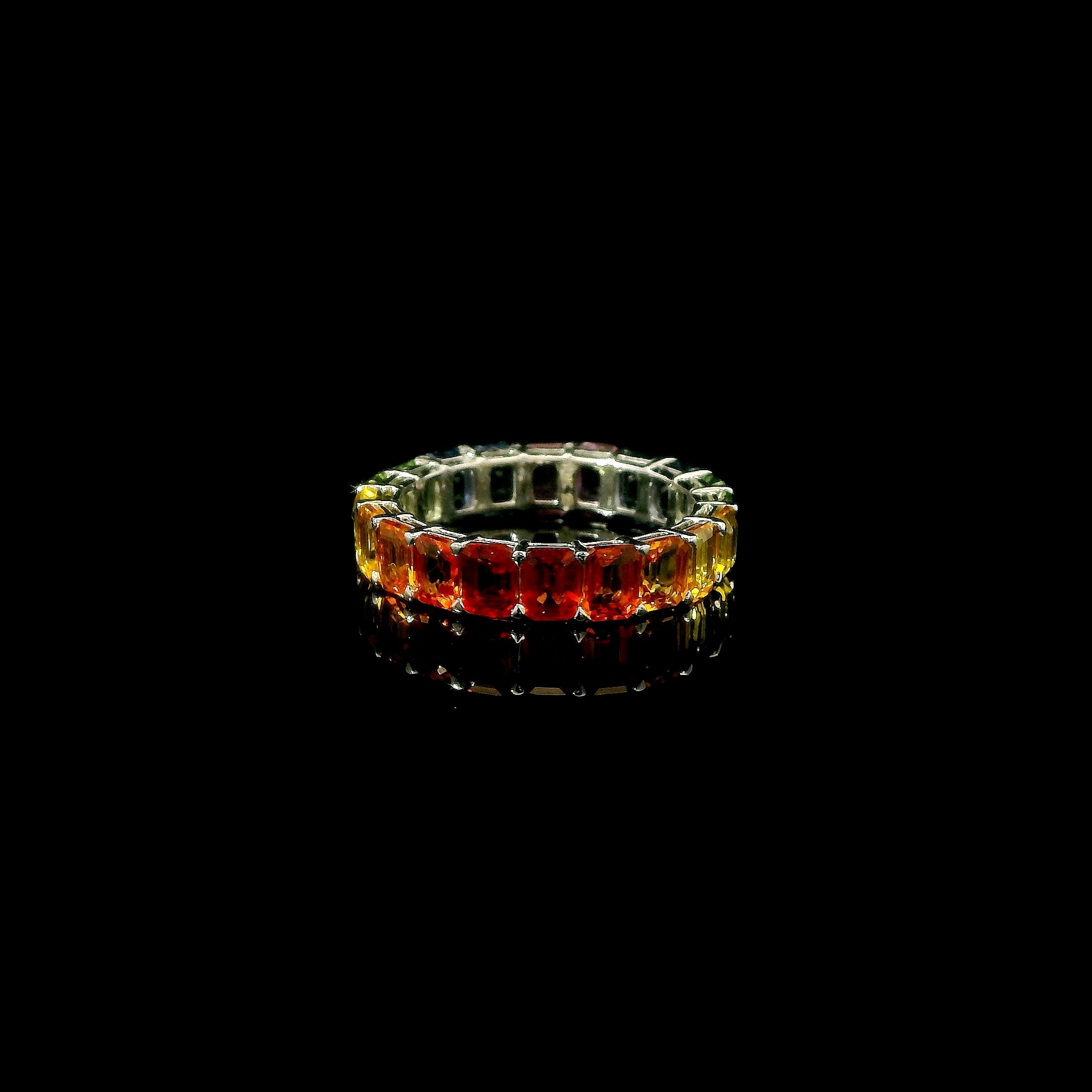 Rainbow Sapphire Eternity Ring in 14K Gold, Natural Emerald Cut Multi Color Sapphire Band