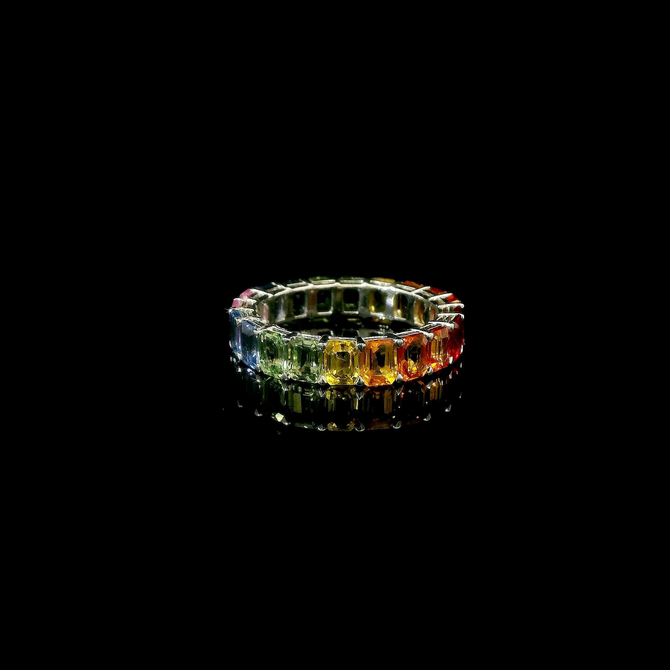 Rainbow Sapphire Eternity Ring in 14K Gold, Natural Emerald Cut Multi Color Sapphire Band