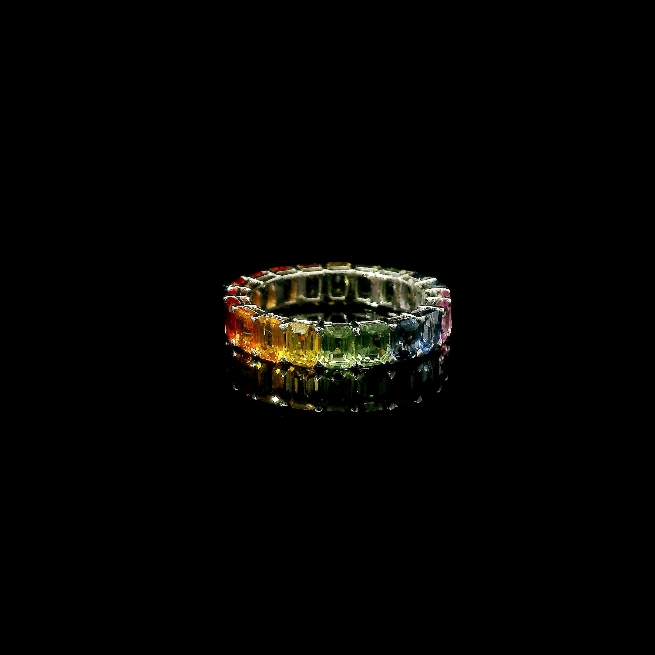 Rainbow Sapphire Eternity Ring in 14K Gold, Natural Emerald Cut Multi Color Sapphire Band