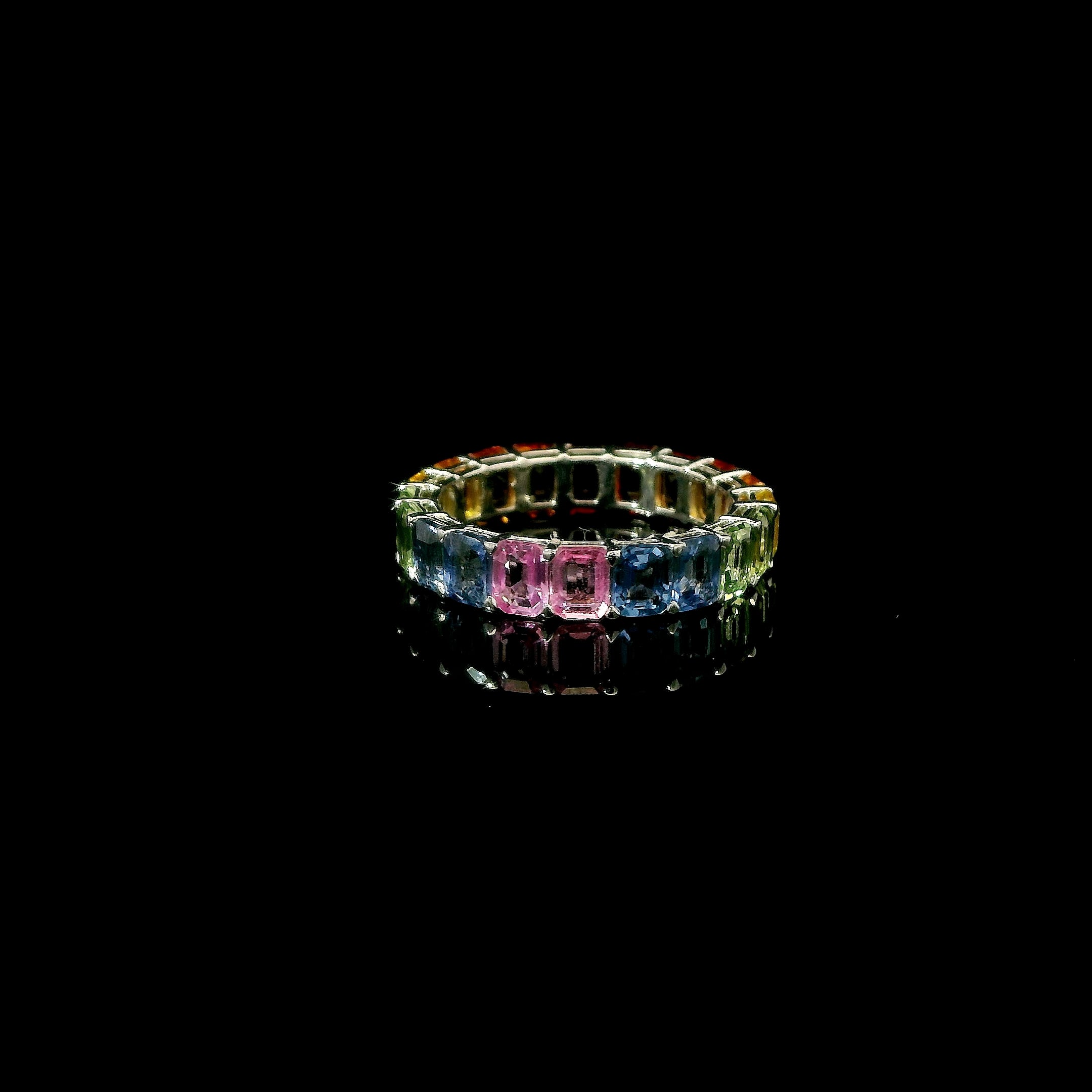 Rainbow Sapphire Eternity Ring in 14K Gold, Natural Emerald Cut Multi Color Sapphire Band