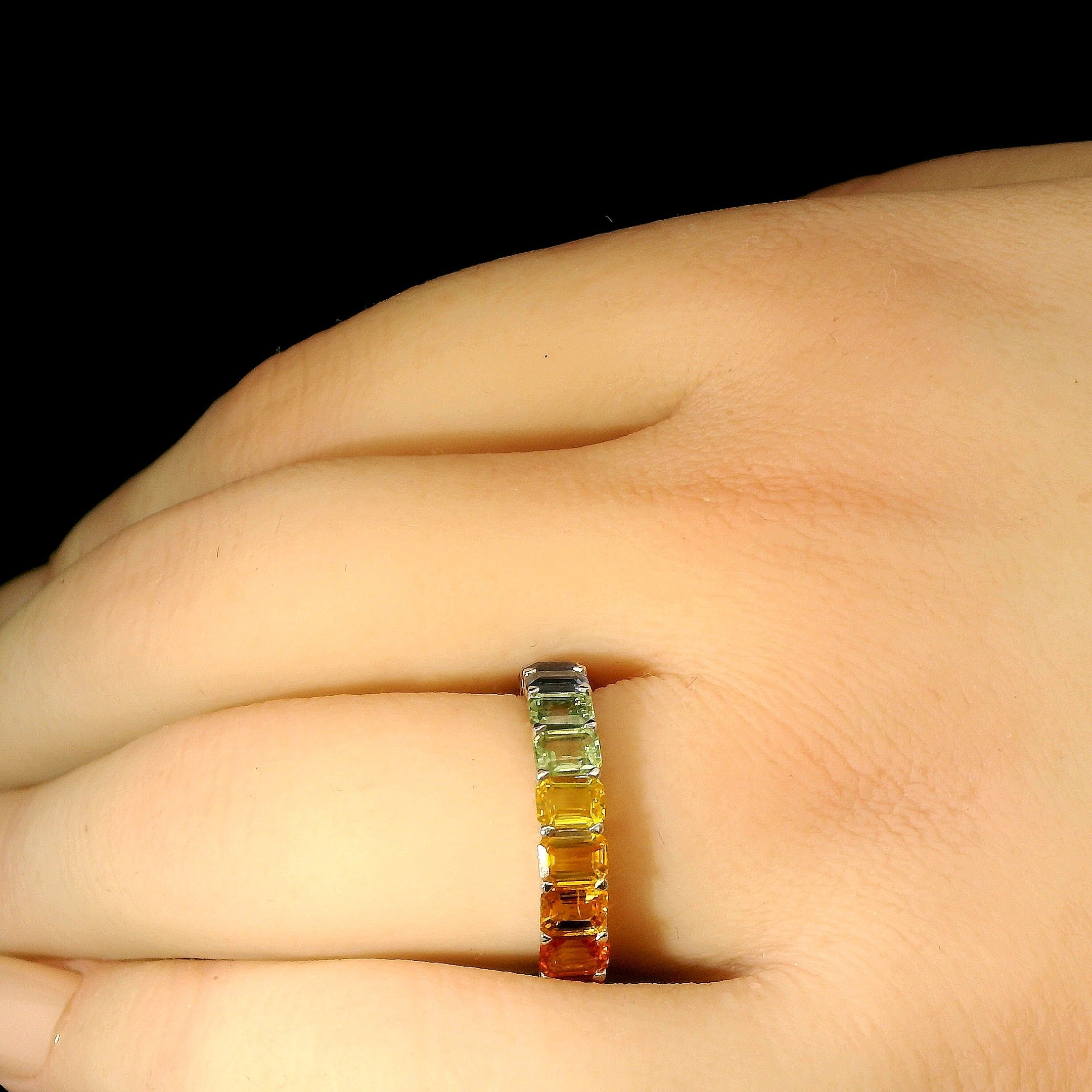 Rainbow Sapphire Eternity Ring in 14K Gold, Natural Emerald Cut Multi Color Sapphire Band