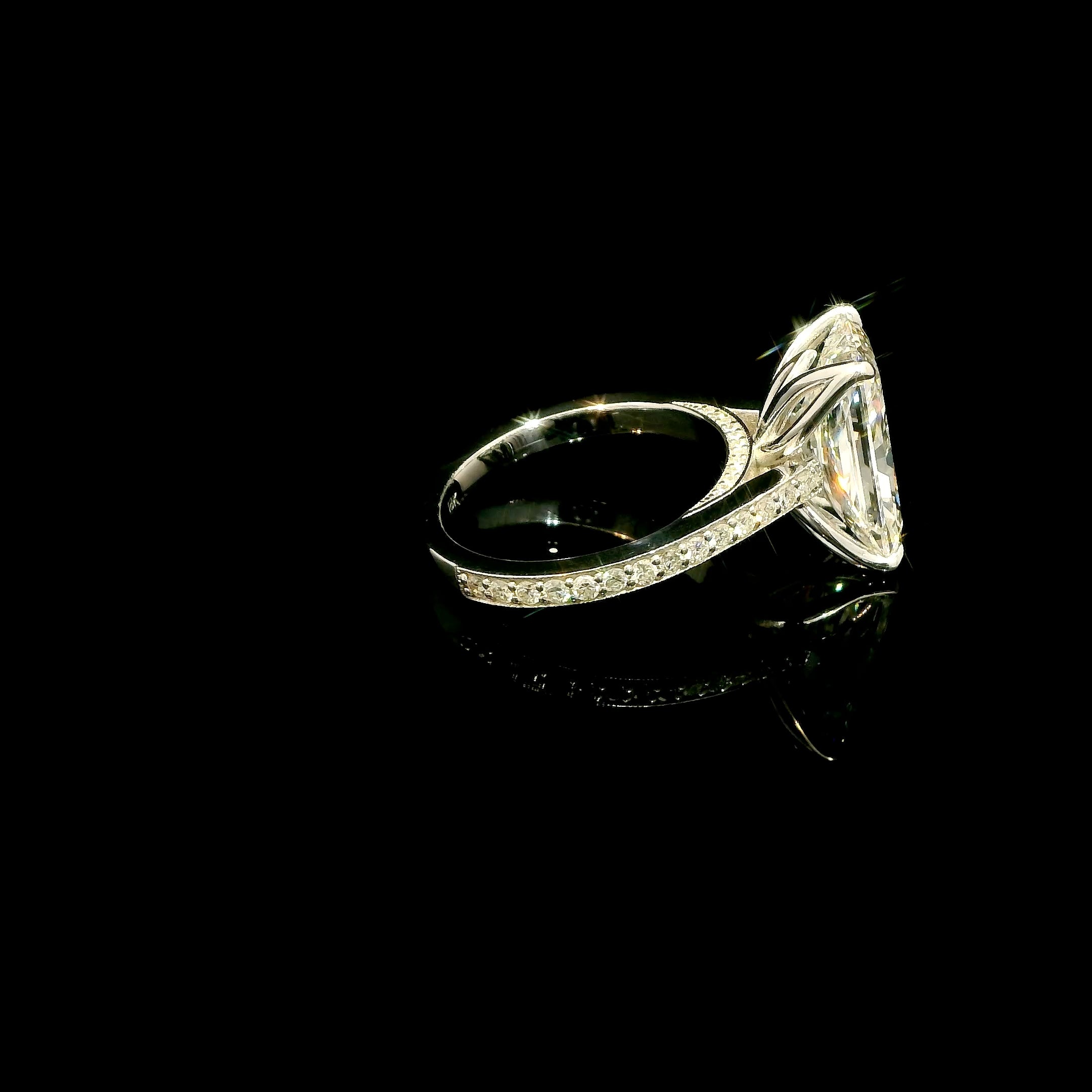 6 Carat Elongated Radiant Lab Grown Diamond Engagement Ring with tulip basket